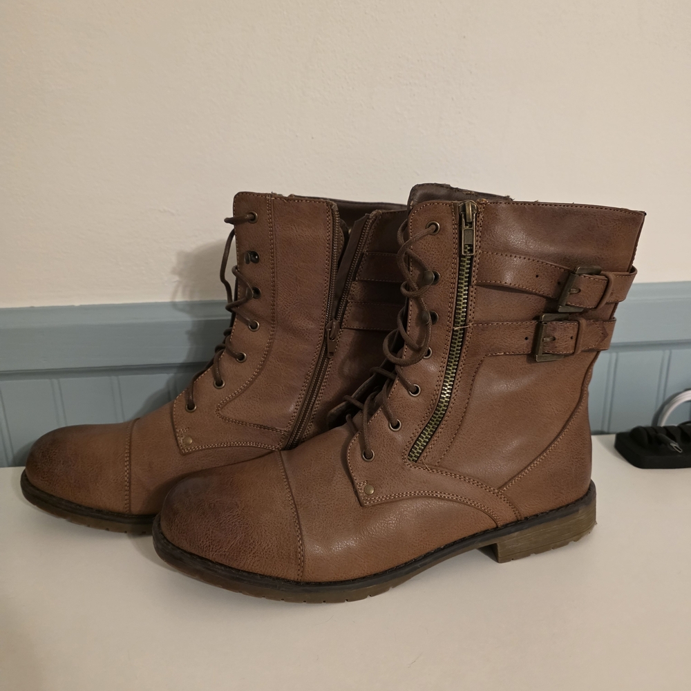 Hot Cakes Tan Lace-Up Combat Boots with Side Zipper and Buckle